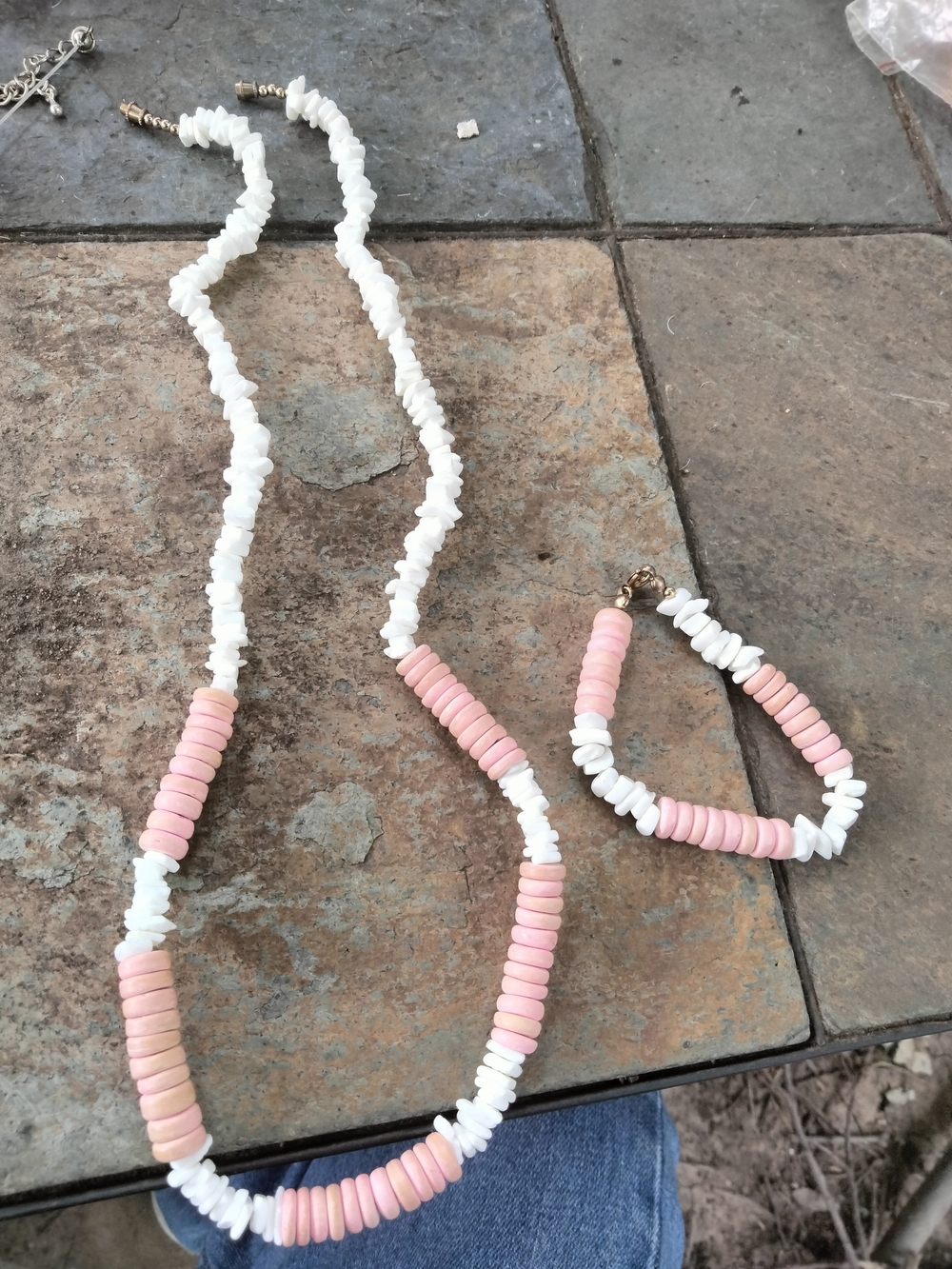 Handmade White and Light Pink Bead Necklace - Matte Pink Accent